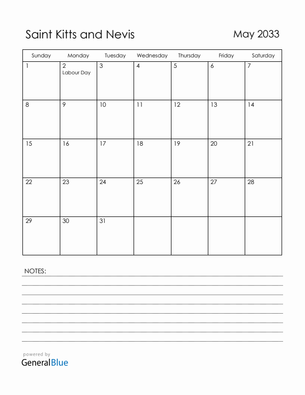 May 2033 Saint Kitts and Nevis Calendar with Holidays (Sunday Start)