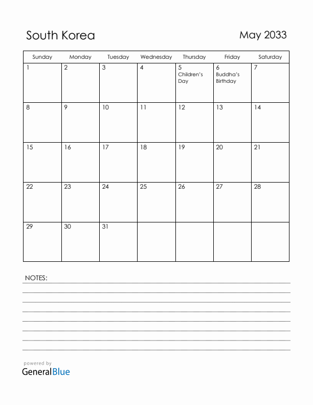 May 2033 South Korea Calendar with Holidays (Sunday Start)