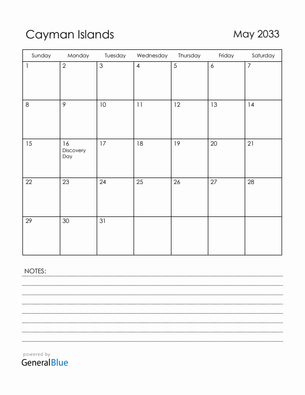 May 2033 Cayman Islands Calendar with Holidays (Sunday Start)