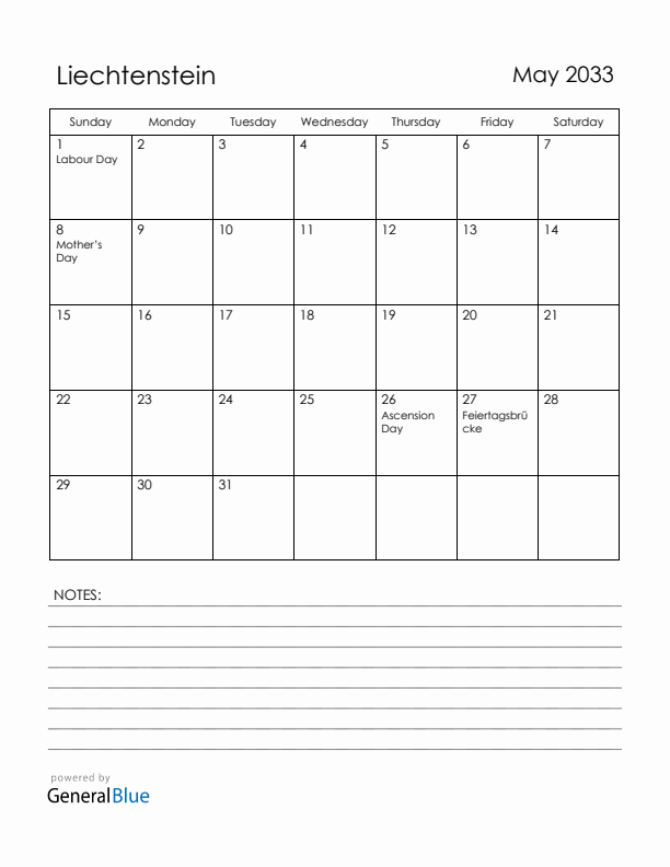 May 2033 Liechtenstein Calendar with Holidays (Sunday Start)