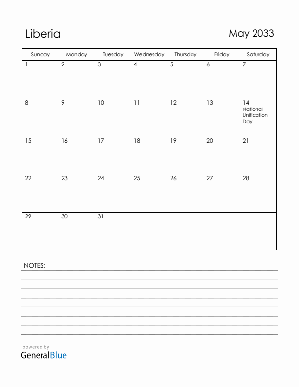 May 2033 Liberia Calendar with Holidays (Sunday Start)