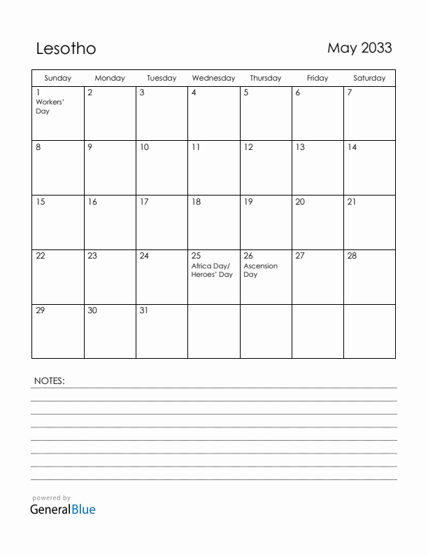 May 2033 Lesotho Calendar with Holidays (Sunday Start)