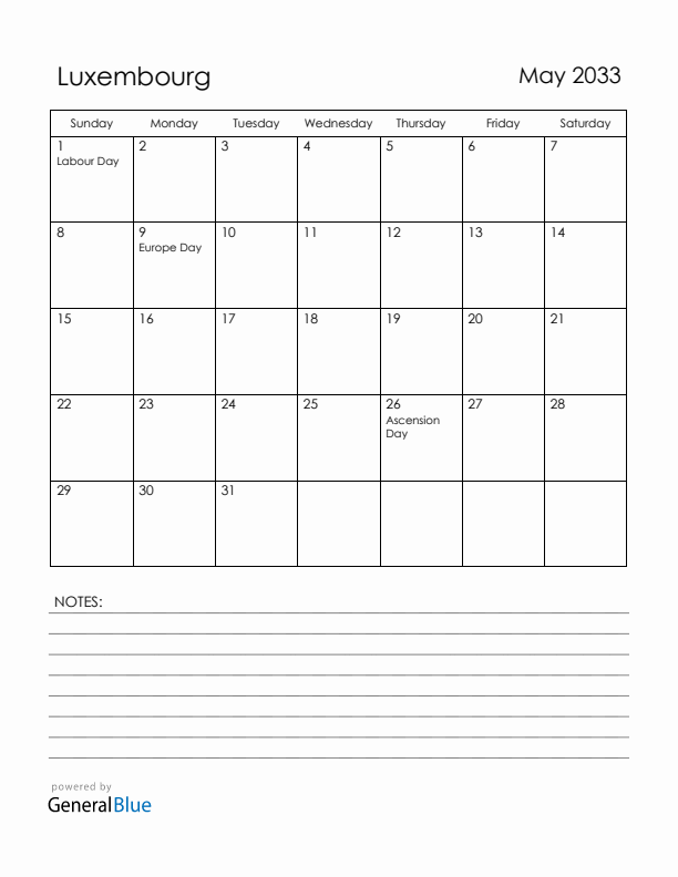 May 2033 Luxembourg Calendar with Holidays (Sunday Start)