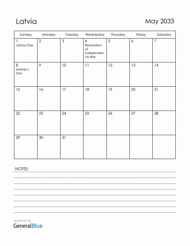 May 2033 Latvia Calendar with Holidays (Sunday Start)