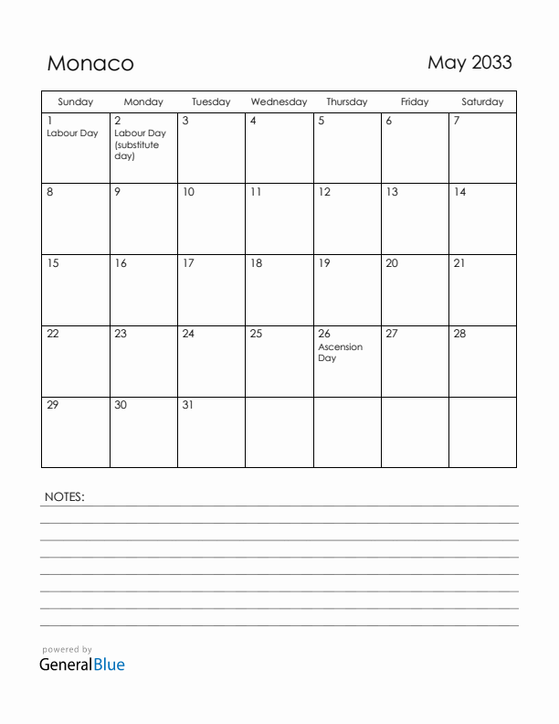 May 2033 Monaco Calendar with Holidays (Sunday Start)