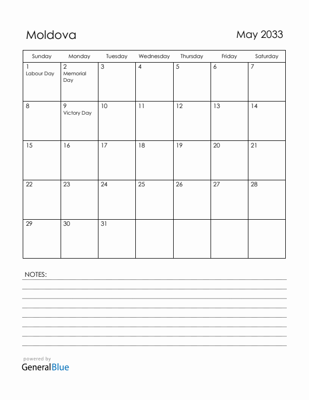 May 2033 Moldova Calendar with Holidays (Sunday Start)