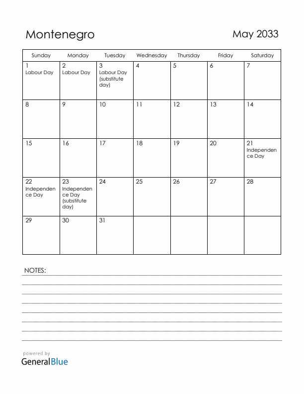 May 2033 Montenegro Calendar with Holidays (Sunday Start)