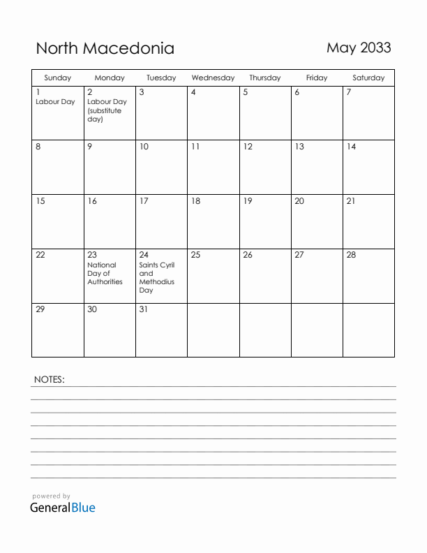 May 2033 North Macedonia Calendar with Holidays (Sunday Start)