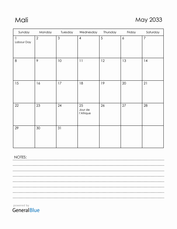 May 2033 Mali Calendar with Holidays (Sunday Start)