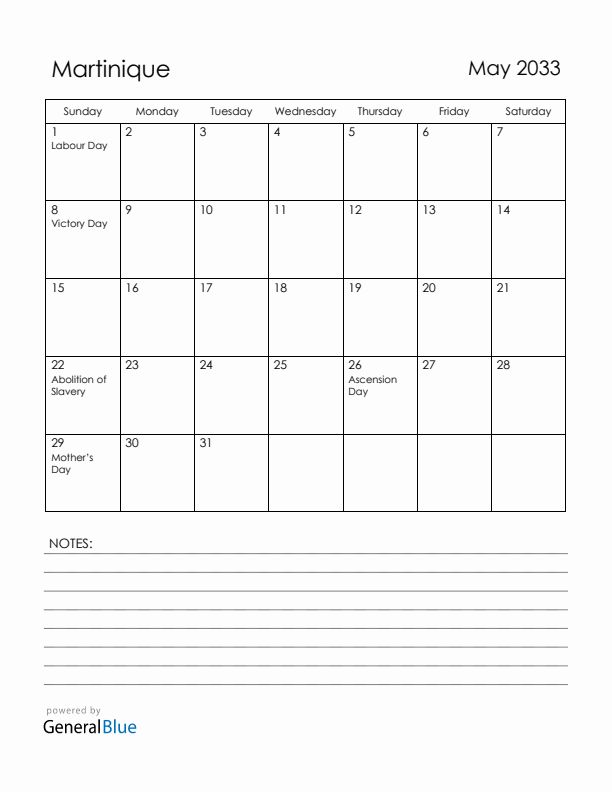 May 2033 Martinique Calendar with Holidays (Sunday Start)