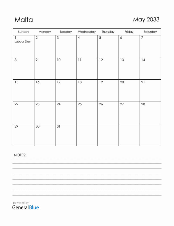 May 2033 Malta Calendar with Holidays (Sunday Start)