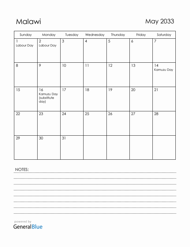May 2033 Malawi Calendar with Holidays (Sunday Start)