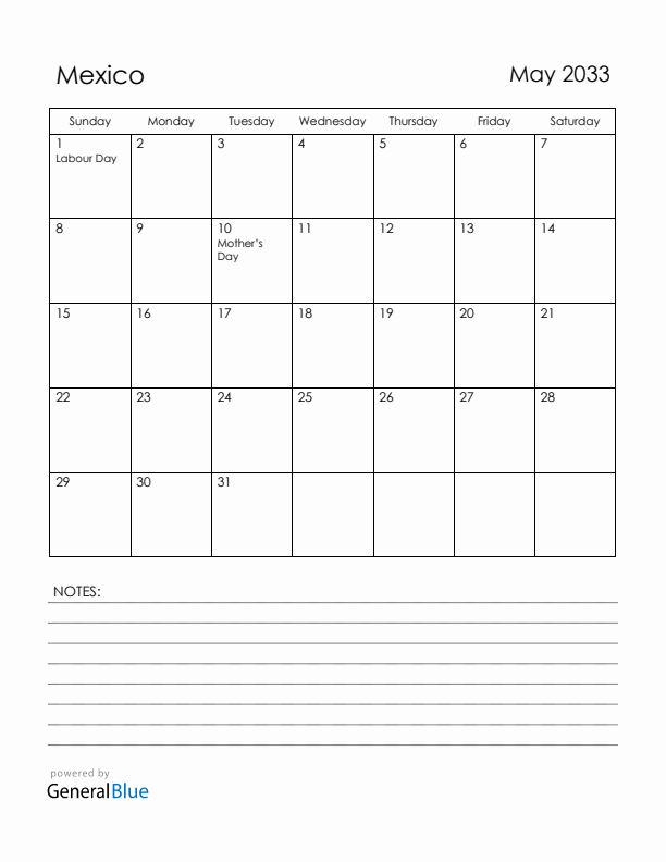 May 2033 Mexico Calendar with Holidays (Sunday Start)