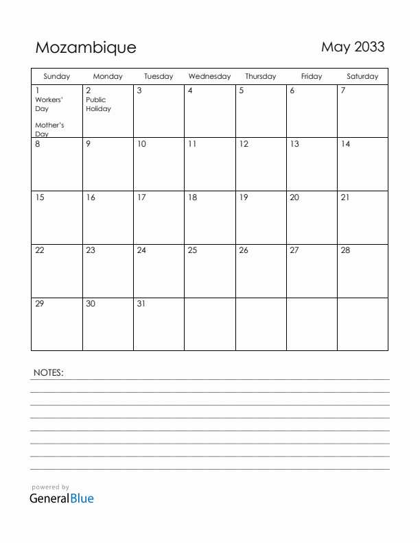 May 2033 Mozambique Calendar with Holidays (Sunday Start)
