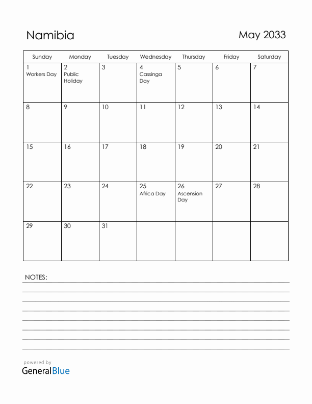 May 2033 Namibia Calendar with Holidays (Sunday Start)