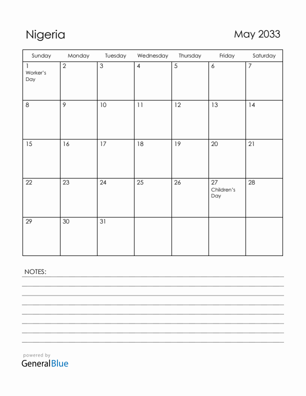May 2033 Nigeria Calendar with Holidays (Sunday Start)