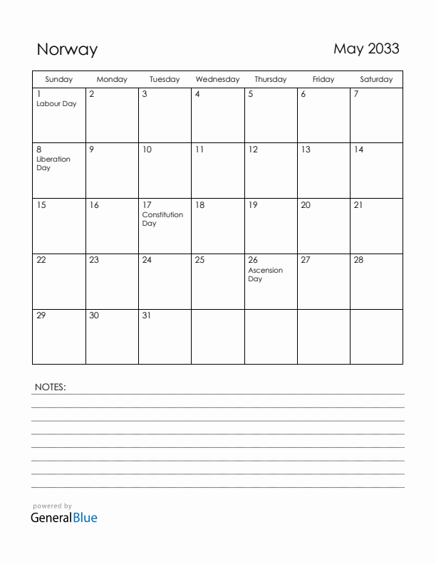 May 2033 Norway Calendar with Holidays (Sunday Start)