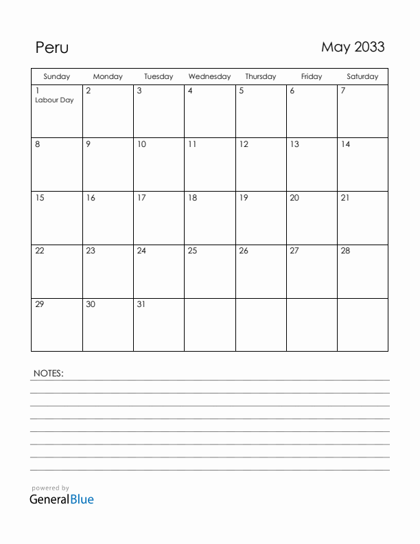 May 2033 Peru Calendar with Holidays (Sunday Start)