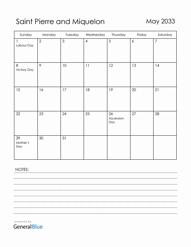 May 2033 Saint Pierre and Miquelon Calendar with Holidays (Sunday Start)