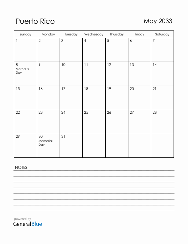 May 2033 Puerto Rico Calendar with Holidays (Sunday Start)
