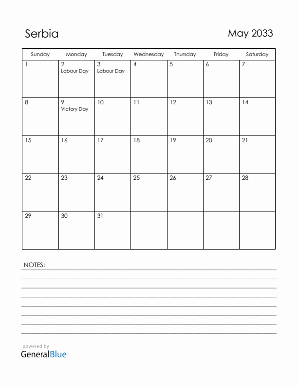 May 2033 Serbia Calendar with Holidays (Sunday Start)