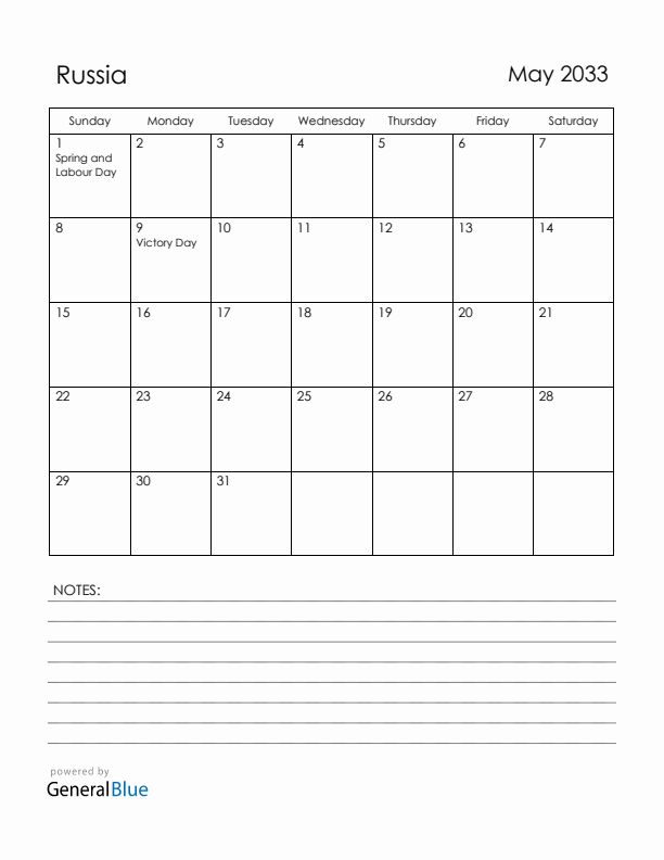 May 2033 Russia Calendar with Holidays (Sunday Start)