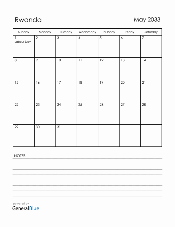 May 2033 Rwanda Calendar with Holidays (Sunday Start)