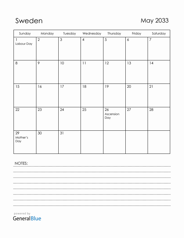 May 2033 Sweden Calendar with Holidays (Sunday Start)