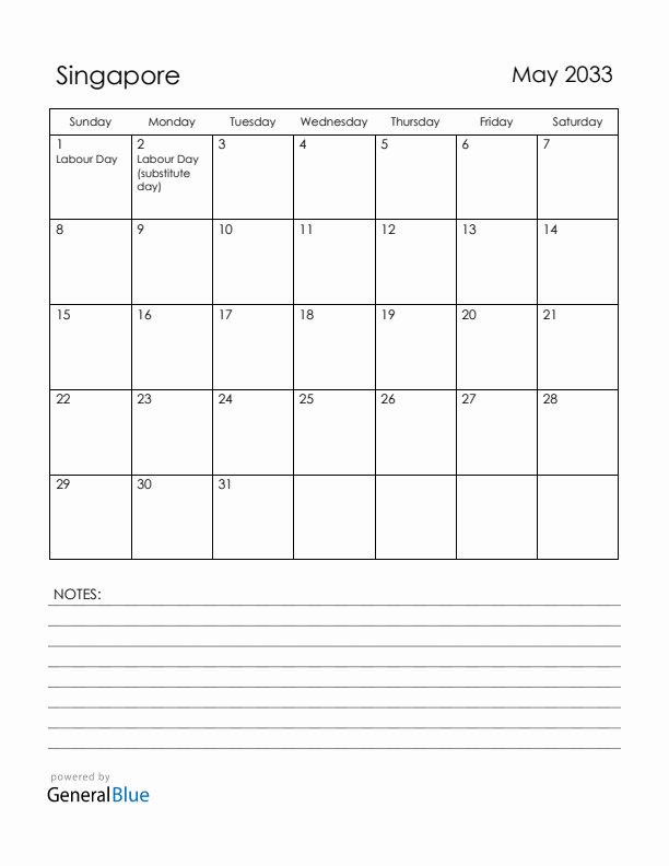 May 2033 Singapore Calendar with Holidays (Sunday Start)