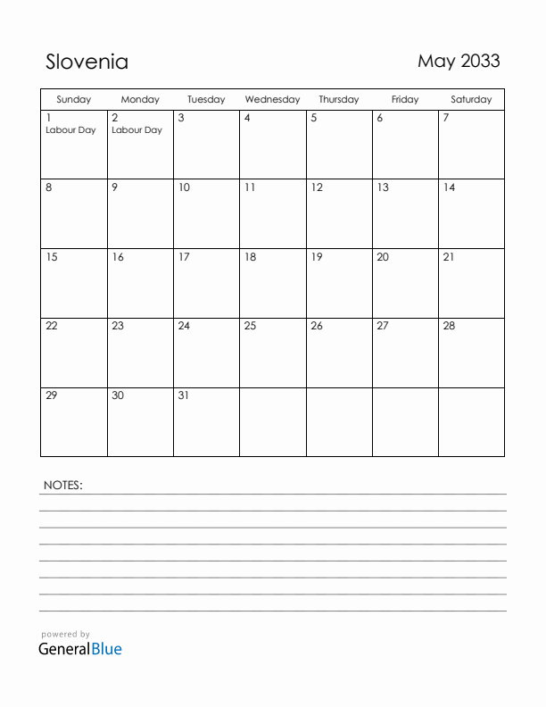 May 2033 Slovenia Calendar with Holidays (Sunday Start)