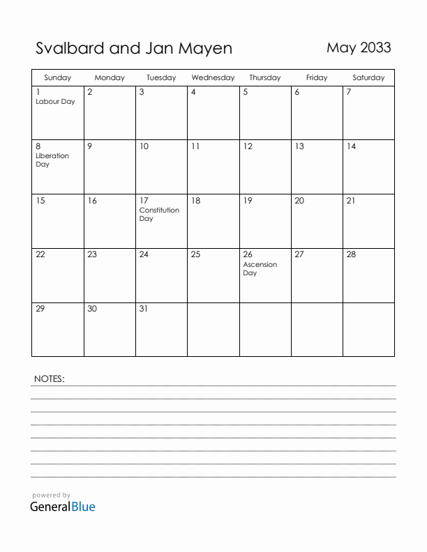 May 2033 Svalbard and Jan Mayen Calendar with Holidays (Sunday Start)