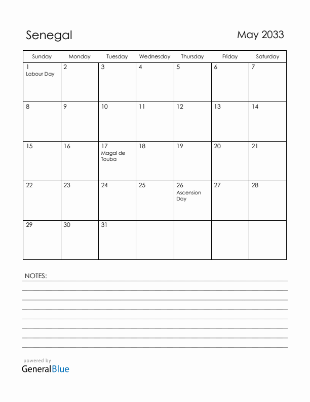 May 2033 Senegal Calendar with Holidays (Sunday Start)
