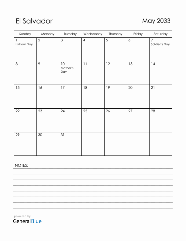 May 2033 El Salvador Calendar with Holidays (Sunday Start)