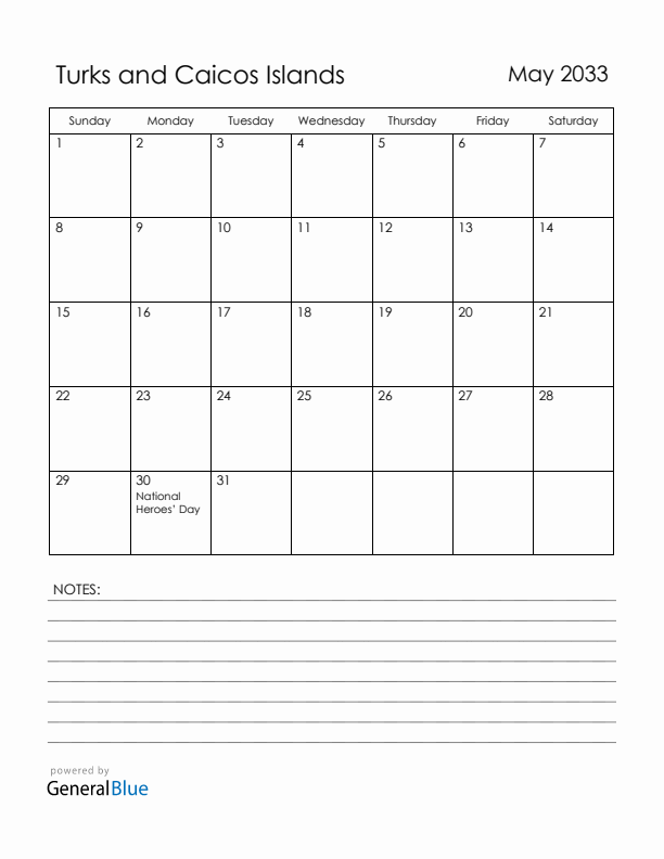 May 2033 Turks and Caicos Islands Calendar with Holidays (Sunday Start)