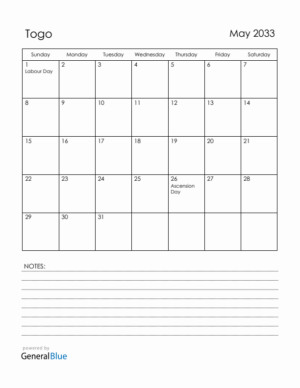 May 2033 Togo Calendar with Holidays (Sunday Start)
