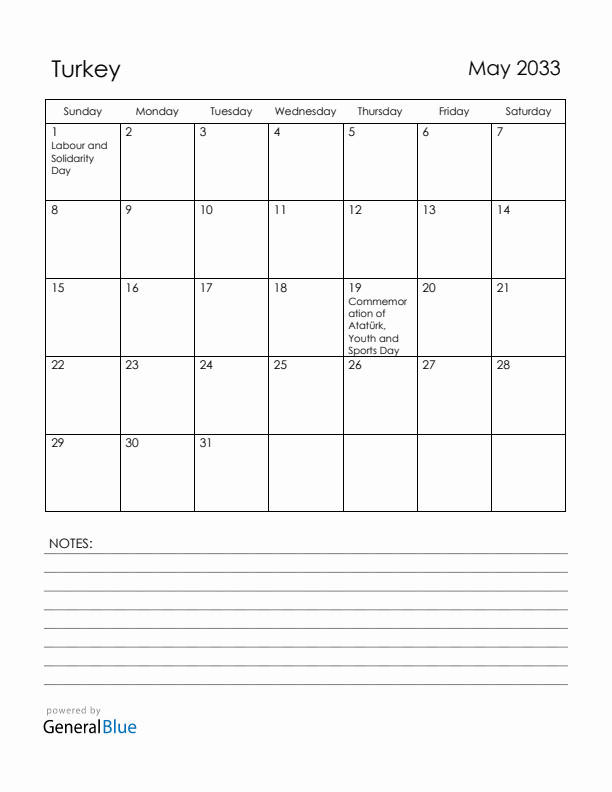 May 2033 Turkey Calendar with Holidays (Sunday Start)