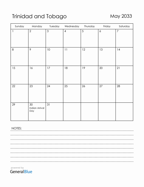 May 2033 Trinidad and Tobago Calendar with Holidays (Sunday Start)