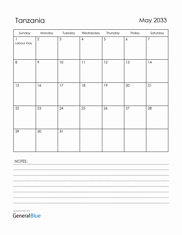 May 2033 Tanzania Calendar with Holidays (Sunday Start)