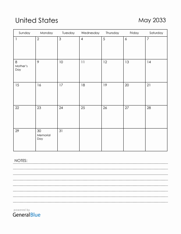 May 2033 United States Calendar with Holidays (Sunday Start)