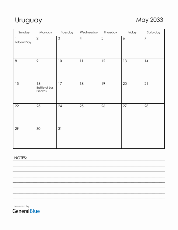 May 2033 Uruguay Calendar with Holidays (Sunday Start)