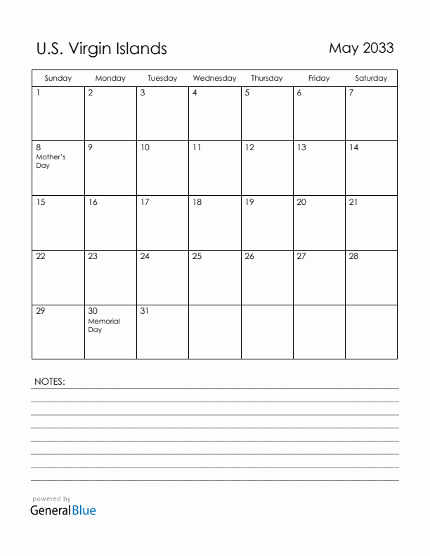 May 2033 U.S. Virgin Islands Calendar with Holidays (Sunday Start)