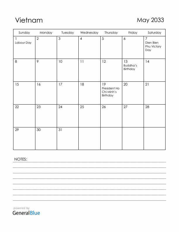 May 2033 Vietnam Calendar with Holidays (Sunday Start)