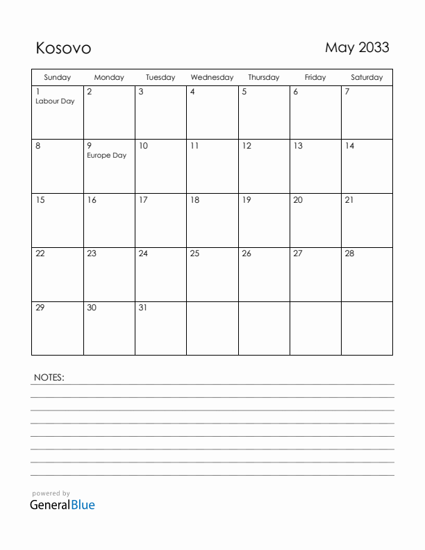 May 2033 Kosovo Calendar with Holidays (Sunday Start)
