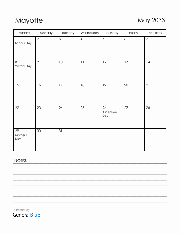 May 2033 Mayotte Calendar with Holidays (Sunday Start)