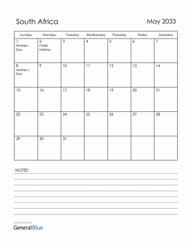 May 2033 South Africa Calendar with Holidays (Sunday Start)