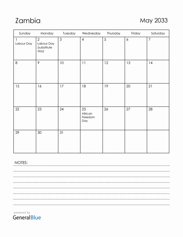 May 2033 Zambia Calendar with Holidays (Sunday Start)