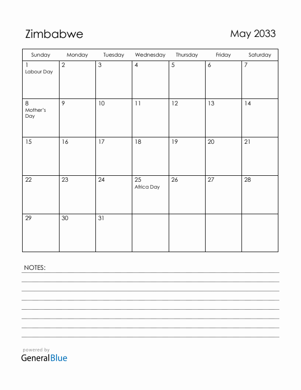 May 2033 Zimbabwe Calendar with Holidays (Sunday Start)