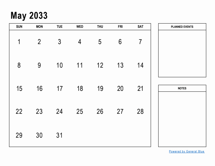 May 2033 Calendar Planner