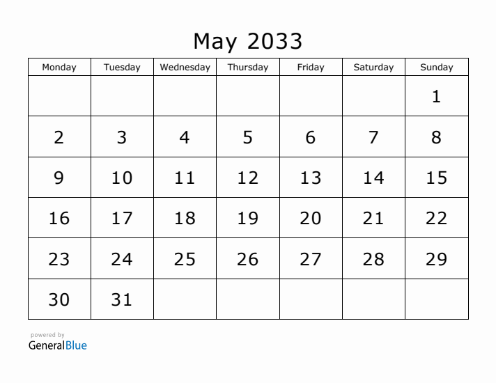 Printable May 2033 Calendar - Monday Start