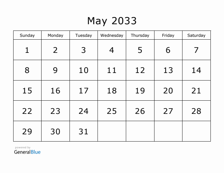 Printable May 2033 Calendar - Sunday Start